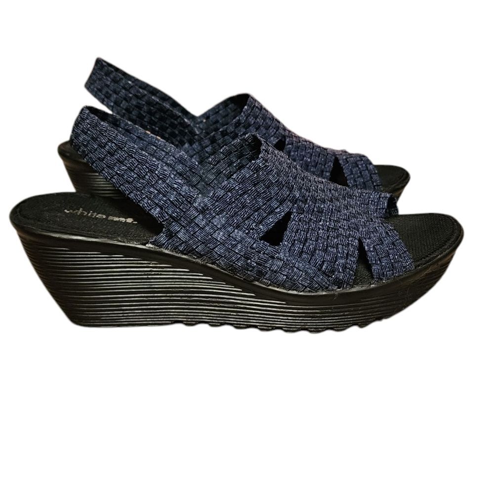 White Mt Navy Woven Open Toe Slingback Wedge Sandals Womens Sz 11 Stretch Casual - Picture 2 of 12